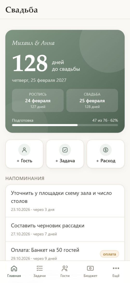Главный экран: обратный отсчёт до свадьбы, прогресс подготовки и напоминания